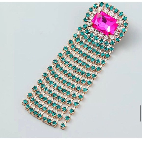 Fuchsia earrings large pink & green fringe long emerald crystal dark green - Picture 10 of 10
